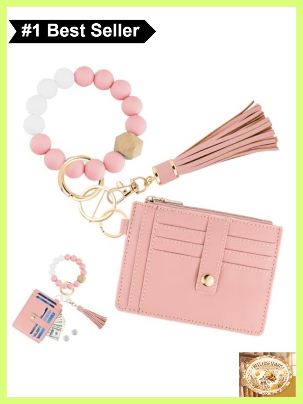 RFID Wristlet Wallet Keychain with Beaded Bracelet, PU Leather Card Holder